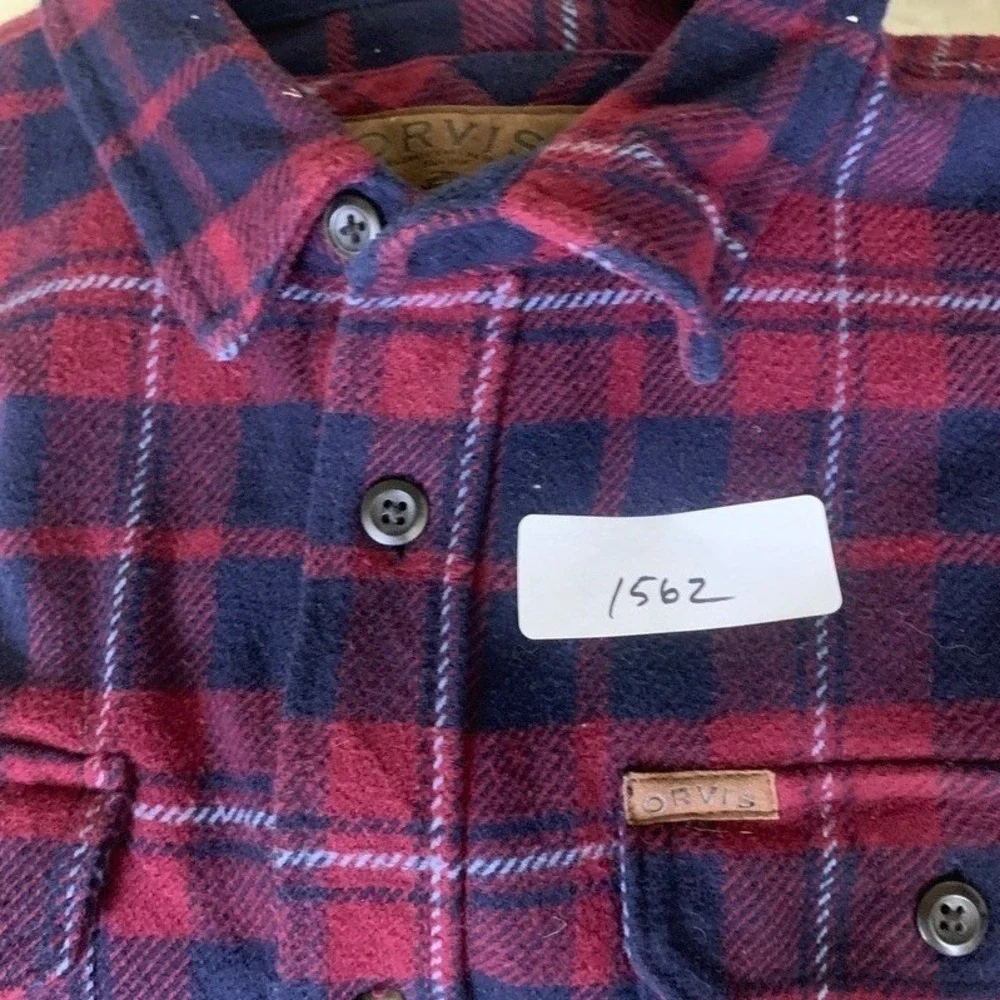 Orvis Mens XL Red Navy Blue Plaid‎ Flannel Lined Shirt Jacket Hand Pockets 2951